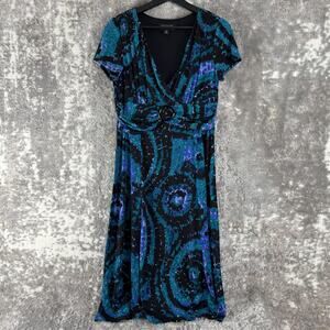 Perceptions Size 10 Midi Faux Wrap Dress Blue Black Short Sleeve V Neck Stretch